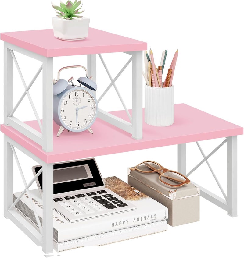 ELITEROO Desktop Shelf, 2 Tier Independent Stackable Desk Stand, Adjustable Freestanding Table Top Mini Bookshelf, Aesthetic Storage Organizers for Women/Girls/Daughter, Pink - Image 1